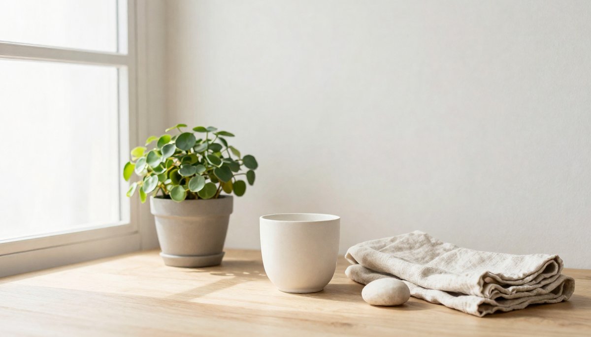A bright still-life photograph of a quiet study corner: a small potted green plant, an off-white ceramic cup, a folded linen cloth and a smooth pale stone on a light oak surface in soft daylight.