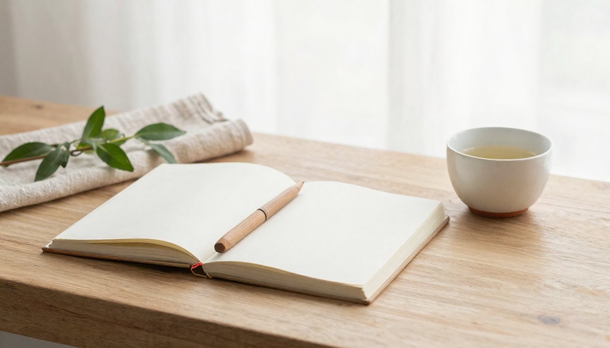 A bright still-life photograph on a light oak desk: an open blank notebook with empty pages, a simple wooden pen, and a small ceramic cup of pale tea in soft window daylight.